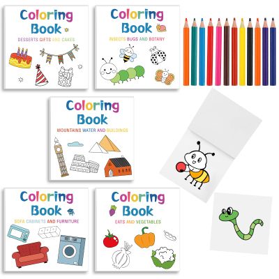 Sinload 5 Pcs Mini Coloring Books with 12 Mini Pencils Variety Pack Pocket Size Small Coloring Books Gifts for Adults Coworkers Travel
