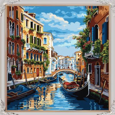 Beautiful Venice Street Boats Canals Scene DIY 11CT Stamped Cross Stitch Kits for Beginners Easy Needlepoint Embroidery Counted Cross Stitch Art Craft for Wall Decoration 20x28inch(1)