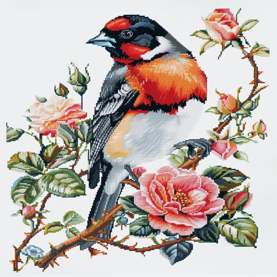 Bullfinch with Roses DIY 11CT Stamped Cross Stitch Kits for Beginners Easy Needlepoint Embroidery Counted Cross Stitch Art Craft for Wall Decoration 12x16inch(8)