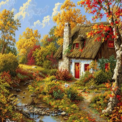 Countryside Cottage in Autumn Landscape DIY 11CT Stamped Cross Stitch Kits for Beginners Easy Needlepoint Embroidery Counted Cross Stitch Art Craft for Wall Decoration 16x20inch(2)