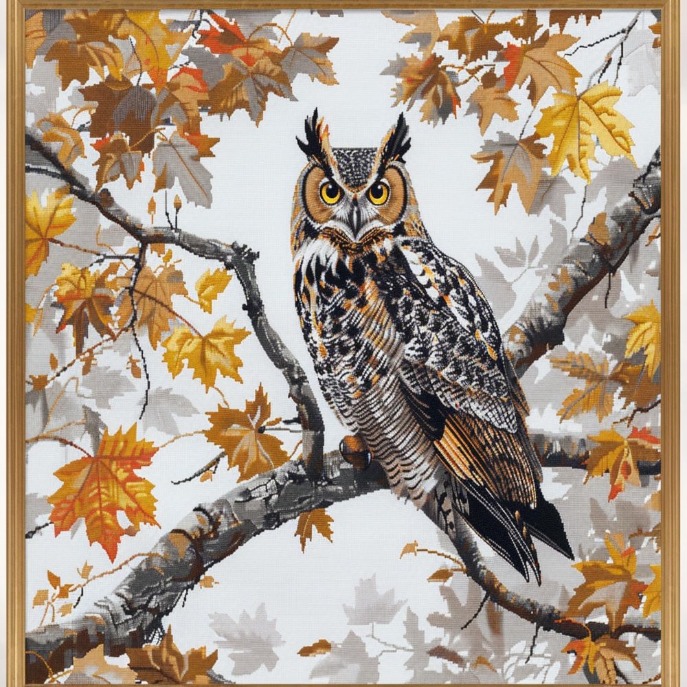Owl Perched on Branch Autumn Tree DIY 11CT Stamped Cross Stitch Kits for Beginners Easy Needlepoint Embroidery Counted Cross Stitch Art Craft for Wall Decoration 20x28inch(7)