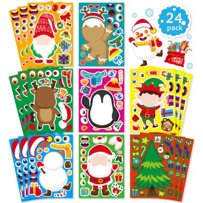 24 Sheets Christmas Stickers, Stocking Stuffers for Kids, Make Your Own Sticker, Make a Face Stickers Xmas Gift Sticker Christmas Party Games