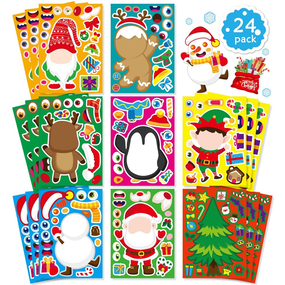 24 Sheets Christmas Stickers, Stocking Stuffers for Kids, Make Your Own Sticker, Make a Face Stickers Xmas Gift Sticker Christmas Party Games