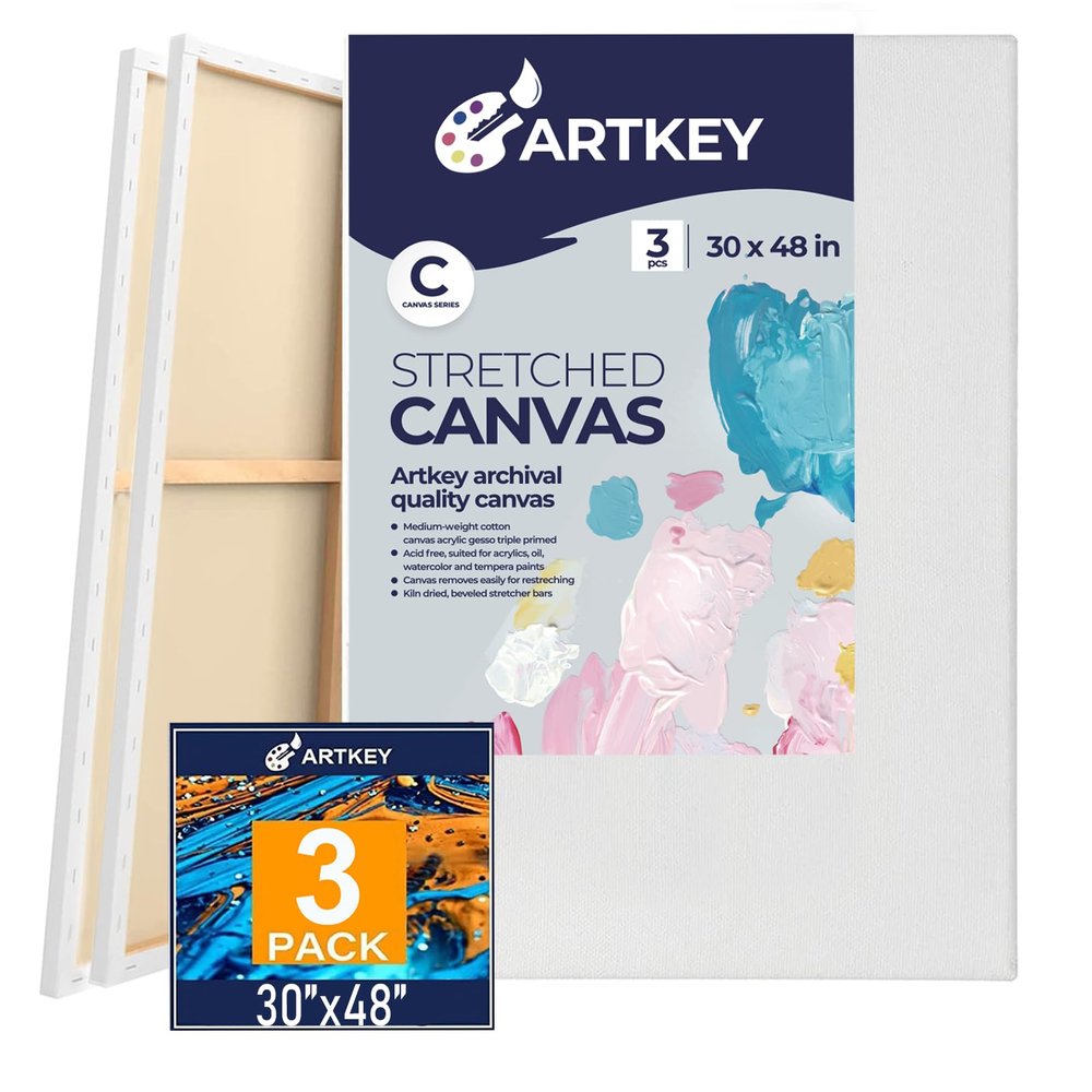 Artkey Pre-Stretched Canvas Pack, 30"X48", 3-Pack, 12.3 oz, Triple Primed, Acid-Free, 100% Cotton, Mixed Media, White