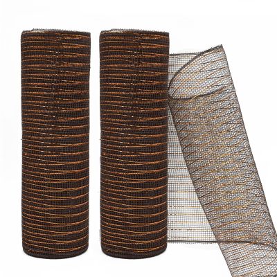 Rilisili 2 Rolls Chocolate Brown Metallic Mesh Ribbon 10 Inch X 10 Yards(30 Feet) Copper Foil Mesh Ribbons for Party Wreath Swags Wedding Home Decor Valentine's Day Christmas Decoration