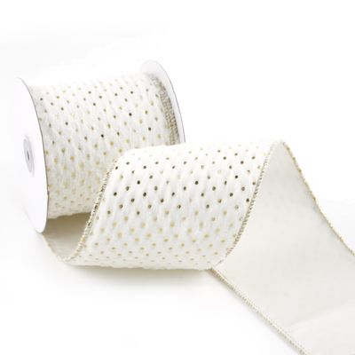 DINDOSAL White and Gold Christmas Wired Ribbon, 4 Inch x 10 Yards