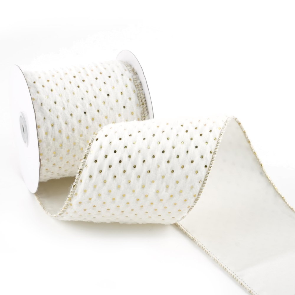 DINDOSAL White and Gold Christmas Wired Ribbon, 4 Inch x 10 Yards