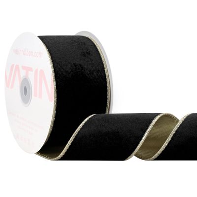 VATIN Black Velvet Wired Ribbon 2.5" Metallic Black Gold Velvet Christmas Ribbon for Floral Arrangements Wrapping Gifts Stylish Decor Creation -Continuous 5 Yards