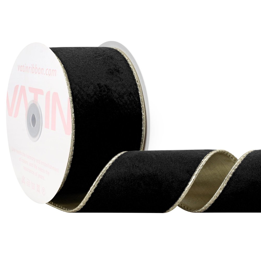 VATIN Black Velvet Wired Ribbon 2.5" Metallic Black Gold Velvet Christmas Ribbon for Floral Arrangements Wrapping Gifts Stylish Decor Creation -Continuous 5 Yards