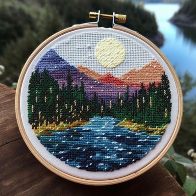 Lake & Mountain Cross Stitch Kits with Hoop Easy Pattern Stamped Cross-Stitch Supplies Needlework DIY 11CT 3 Strands Cotton Thread Printed DIY Needlepoint Kits 3535cm (kn143)