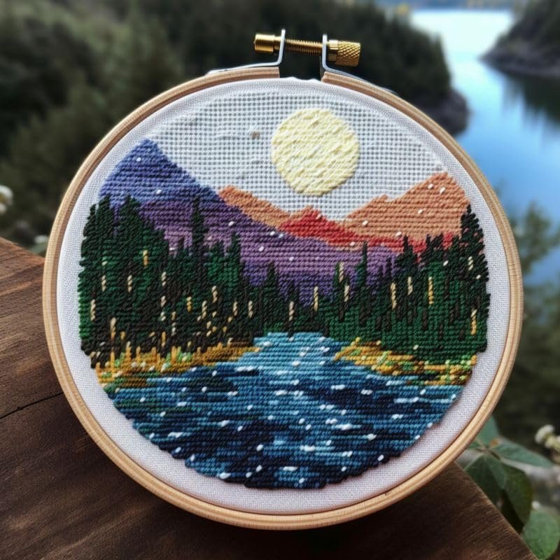 Lake & Mountain Cross Stitch Kits with Hoop Easy Pattern Stamped Cross-Stitch Supplies Needlework DIY 11CT 3 Strands Cotton Thread Printed DIY Needlepoint Kits 3535cm (kn143)