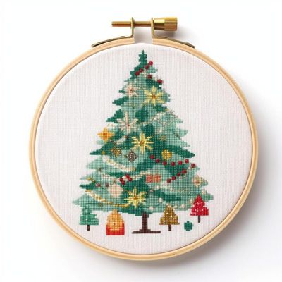 Christmas Tree Cross Stitch Kits with Hoop Easy Pattern Stamped Cross-Stitch Supplies Needlework DIY 11CT 3 Strands Cotton Thread Printed DIY Needlepoint Kits 3535cm (kn86)