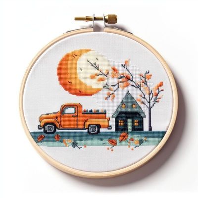 Truck Cross Stitch Kits with Hoop Easy Pattern Stamped Cross-Stitch Supplies Needlework DIY 11CT 3 Strands Cotton Thread Printed DIY Needlepoint Kits 3535cm (kn265)