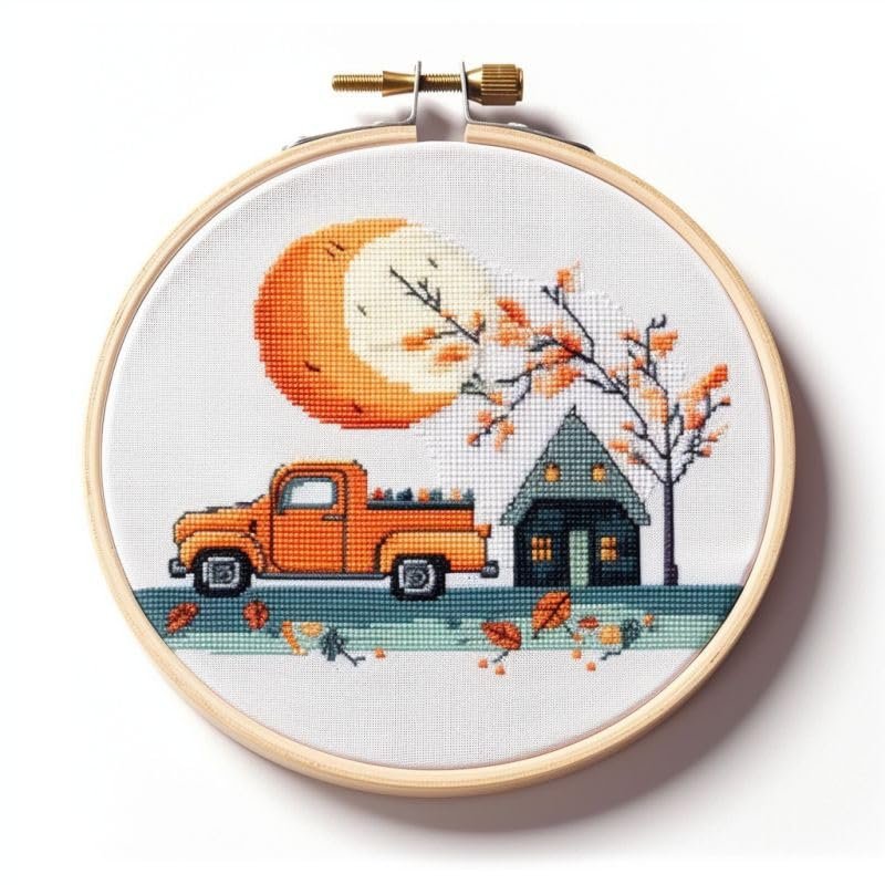 Truck Cross Stitch Kits with Hoop Easy Pattern Stamped Cross-Stitch Supplies Needlework DIY 11CT 3 Strands Cotton Thread Printed DIY Needlepoint Kits 3535cm (kn265)