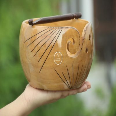 Wooden A-F Luxury Handicraft Yarn Bowl Storage Bowl Holder Knitting Crochet Handmade Crochet Bowl Yarn Storage Solution Knitting Room Essentials Unique Design, NATURAL