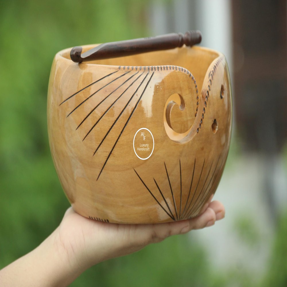 Wooden A-F Luxury Handicraft Yarn Bowl Storage Bowl Holder Knitting Crochet Handmade Crochet Bowl Yarn Storage Solution Knitting Room Essentials Unique Design, NATURAL