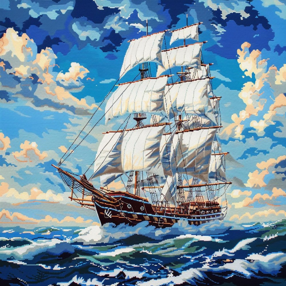Sailing Ship in Ocean Blue Sky DIY 11CT Stamped Cross Stitch Kits for Beginners Easy Needlepoint Embroidery Counted Cross Stitch Art Craft for Wall Decoration 16x20inch(3)