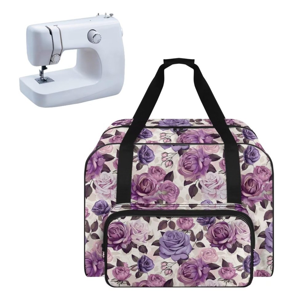 CREAMIC Purple Rose Sewing Machine Case Sewing Machine Carrying Case,Sewing Machine Bag for Most Standard Size Sewing MachineSewing Accessory Organizer Bag Universal Travel Tote Bag with Strap, CZB80