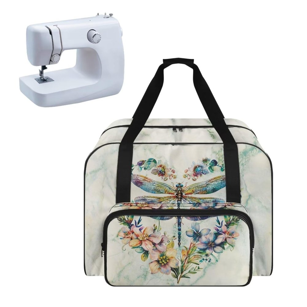 Uorisanigo Sewing Machine Carrying Case Heavy Duty Universal Sewing Machine Tote Bag with Multiple Storage Pocket Compatible with Most Standard Sewing Machine and Accessories Dragonfly Floral