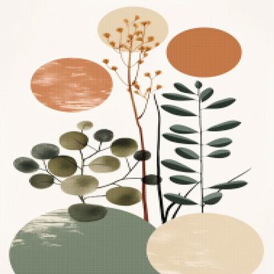 CISDKK Landscape Embroidery kit,Punching Needle Embroidery Kits,Printable Terracotta Green mid Century ModernBohemian Botanical Poster Boho Abstract Plants Gallery Wall,11CT,13.39 * 17.33 inch