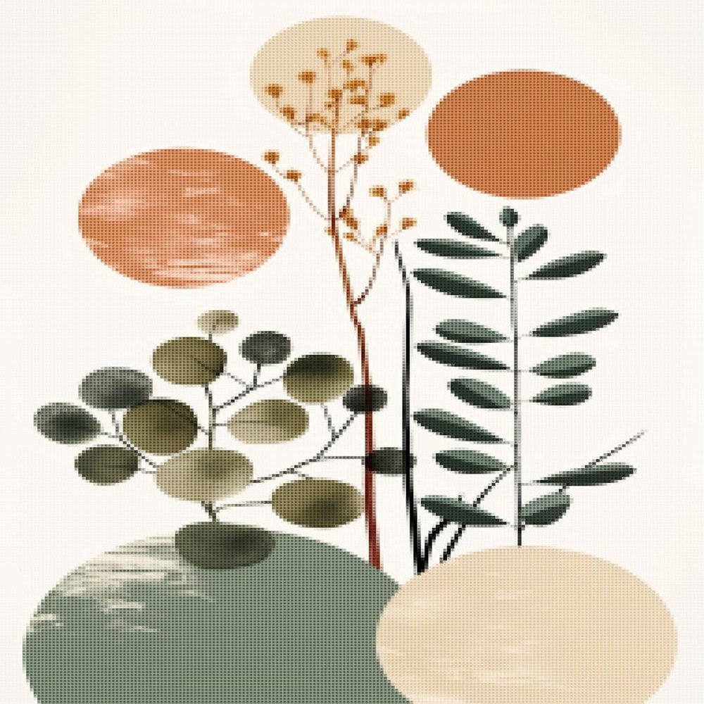 CISDKK Landscape Embroidery kit,Punching Needle Embroidery Kits,Printable Terracotta Green mid Century ModernBohemian Botanical Poster Boho Abstract Plants Gallery Wall,11CT,13.39 * 17.33 inch