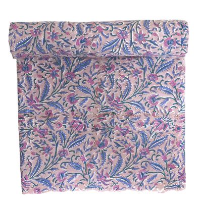100% Cotton Indian Hand-Block Print Floral Pattern Fabric Cut by The Yard Material Sewing, Crafts, Home Dcor, Art (10 Yard, Beige Blue Pink Floral)