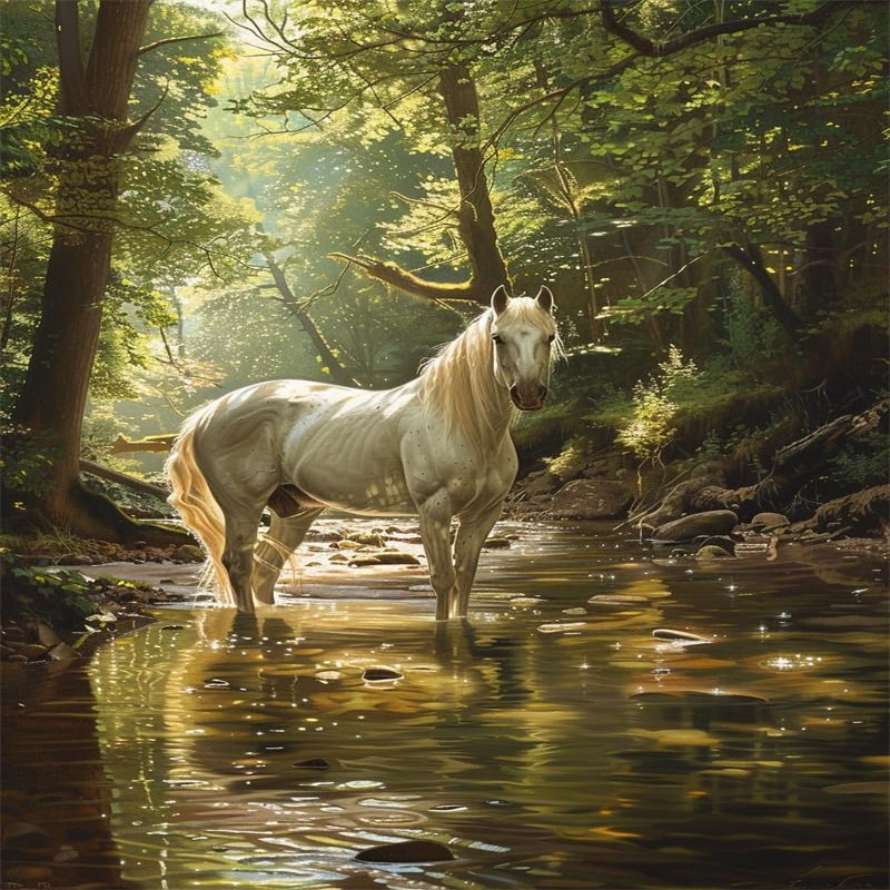 Walluminati Cross Stitch Kits for Beginners Pattern Stamped Cross-Stitch Supplies Needlework DIY 11CT 3 Strands Cotton Thread Printed Needlepoint Kits(White Horse in The River,K,16x20inch)