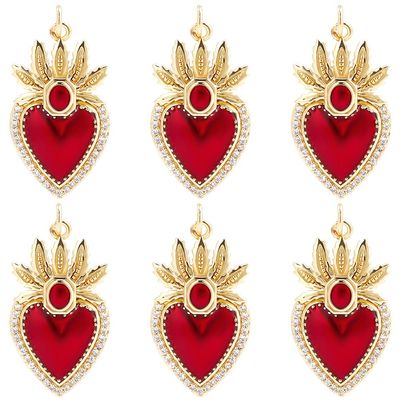 Beebeecraft 1 Box 6Pcs Red Heart Charms Real 18K Gold Plated Brass Cubic Zirconia Enamel Gothic Antique Golden Sacred Hearts Romantic Love Charm for Jewelry Making Pendants DIY Earring Craft Accessory