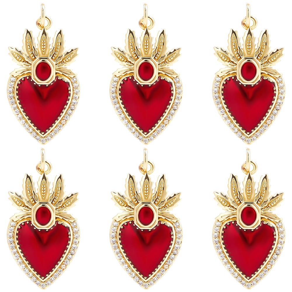 Beebeecraft 1 Box 6Pcs Red Heart Charms Real 18K Gold Plated Brass Cubic Zirconia Enamel Gothic Antique Golden Sacred Hearts Romantic Love Charm for Jewelry Making Pendants DIY Earring Craft Accessory