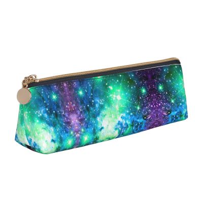 DRTGEDS Green Blue Purple Galaxy Classic Triangular Design Portable Leather Pencil Case With Large Storage Capacity Pencil Pouch