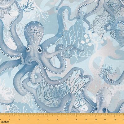 Blue Octopus Fabric by The Yard Watercolor Cartoon Wild Sealife No Stretch Sewing Fabric Seaweed Plants Ocean Themed Soft Flannel Polyester Fabric for Quilting Handmade Artwork 3 Yard Bolt,108"x59"