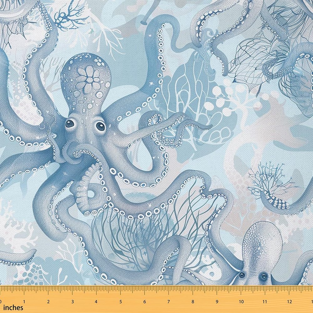 Blue Octopus Fabric by The Yard Watercolor Cartoon Wild Sealife No Stretch Sewing Fabric Seaweed Plants Ocean Themed Soft Flannel Polyester Fabric for Quilting Handmade Artwork 3 Yard Bolt,108"x59"