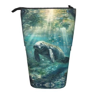QASNLU Crazy Save Manatee print Vertical retractable pencil case storage bag for office travel daily makeup bags