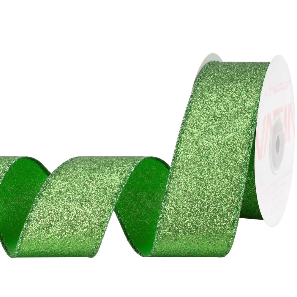 VATIN Green Glitter Wired Ribbon with Metallic Edge, Christmas Decor for Wreath, Tree, Gift Wrapping & Home,1.5" x10 Yards