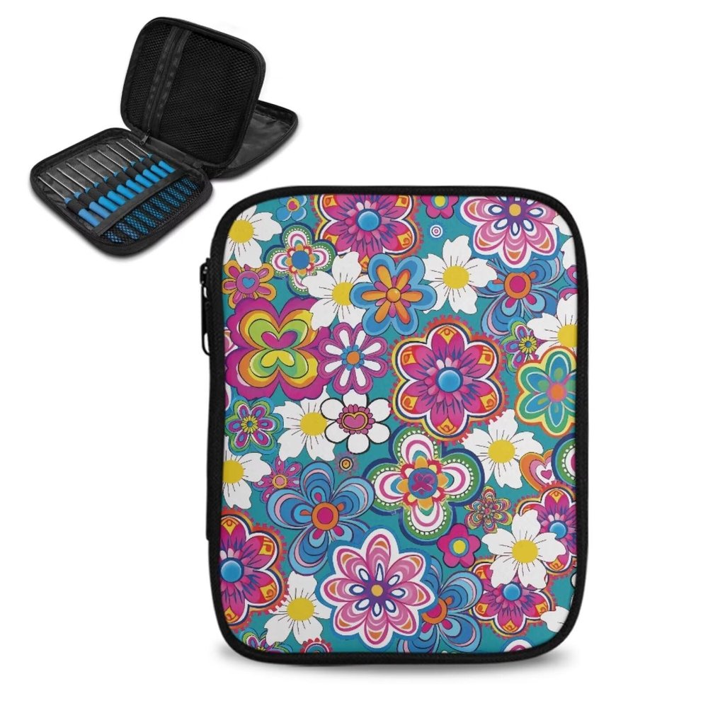 Vanideaoty Boho Floral Crochet Hook Case with Web Pockets Knitting Needle Organizer - Portable Crochet & Knitting Storage for Hooks, Needles & Supplies