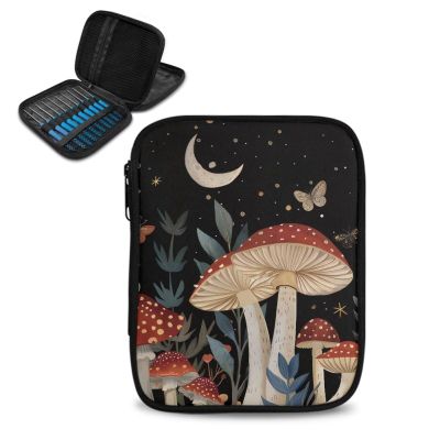 Vanideaoty Moon Mushroom Crochet Hook Case Organizer Easy to Clean Knitting Needle Storage with Web Pockets Crochet Hook Case for Travel Lightweight
