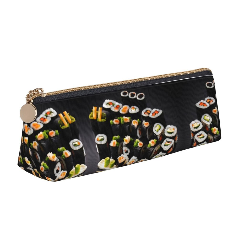 DRTGEDS Japanese Sushi Black Fashion Multifunctional Leather Pencil Case With Large Storage Capacity Pencil Pouch