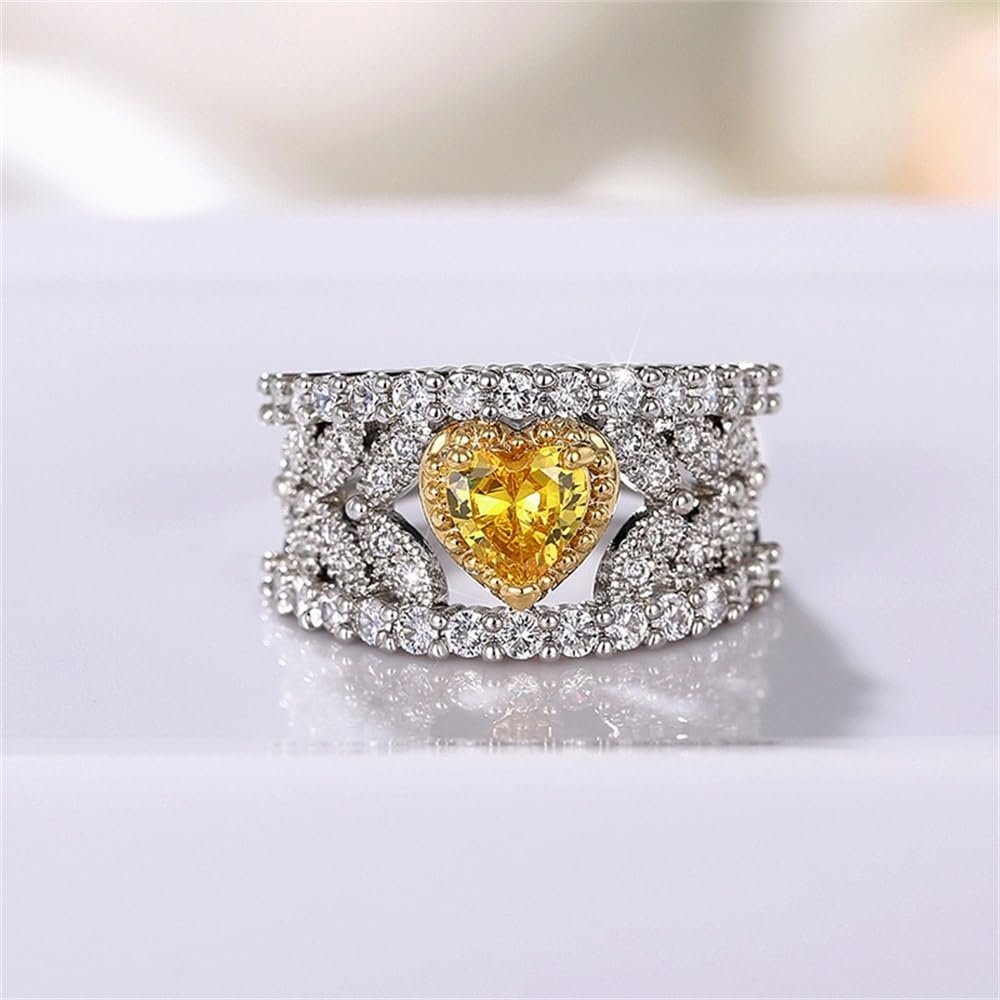 925 Sterling Silver Shiny Full Diamond Gemstone Ring 18K Gold Heart Citrine Cubic Zirconia Promise Rings CZ Diamond Multi Row Rings Eternity Engagement Wedding Party Ring for Women A.32 (US Code 8)
