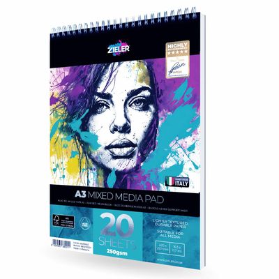 Zieler A4 (8.3" x 11.7") Spiral-Bound Mixed Media Paper Pad, 250gsm, 20 Sheets