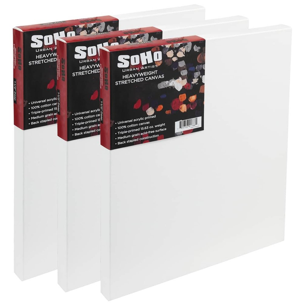 SoHo Urban Artist, 10x20 Heavyweight Stretched Cotton Canvas for Painting - 1.5" Deep- 3 Pack, Triple Primed, 100% Cotton Canvas, Archival, Universal Primed for Oil, Acrylic, Alkyd, Mixed Media