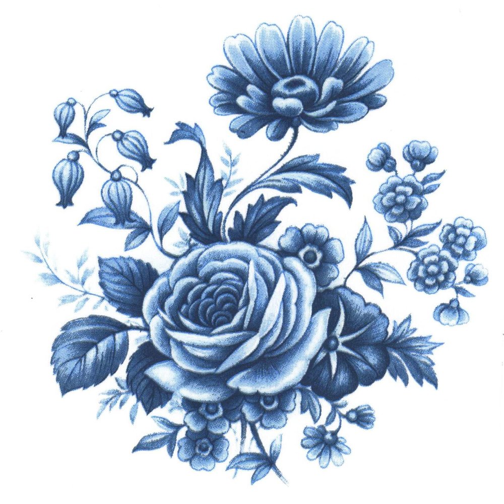 Blue Delft Rose Bouquet Overglaze Ceramic Decals 2.75 Inch (4 Decals)