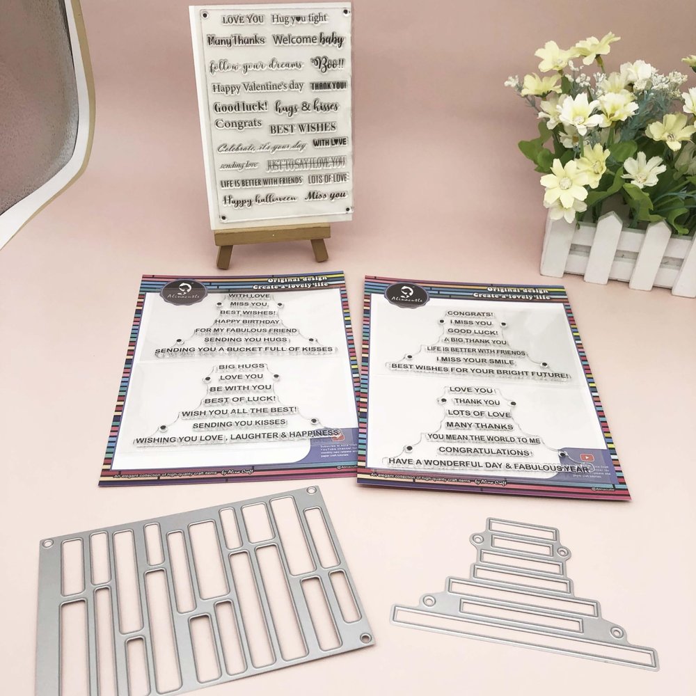 Alinacutle 4Pc Stripe Clear Stamps Matching 1Pc Stripe Banner Die &1PC Sentiments Clear Stamp with Frame Tag Die Cut, Stripe Stamps,Paper Craft Metal Die-Cuts for Handmade Card Scrapbooking Cutting