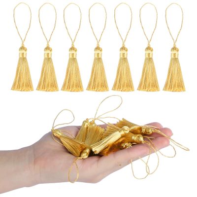 Fenghuangwu 48pcs 3.75inch Mini Bookmark Tassels Handmade Keychain Tassel Silky Floss Craft Tassel for Jewelry Making,Tags,DIY Accessory (new Gold, 48pcs)