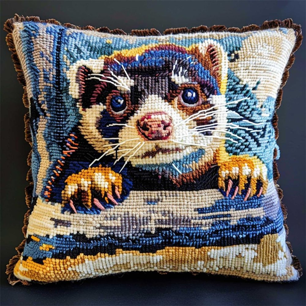 Kitquiver DIY Hook Latch kit Cartoon Ferret Cushion Making kit Cartoon Animals DIY Hook Crochet Yarn Needle Craft Easy Handmade Cushion for Home Sofa Decoration 43x43cm