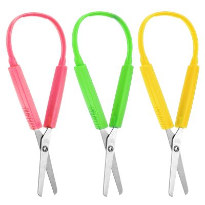 3Pcs Loop Scissors Adaptive Design Scissor Colorful Handle Self-Opening Safety Scissors for Kids Children Schools Special Need 5.5 Inch(Green, Yellow, Pink)