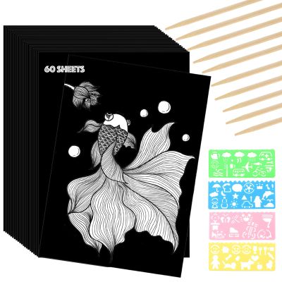 MUFEKUM 60 Sheets Scratch Paper Art Set, Scratch Off Paper Black Coated Scratchboard Craft Kits, Laser Scratch Paper, Scratch Art Paper for Adult (11.4"x8.1")