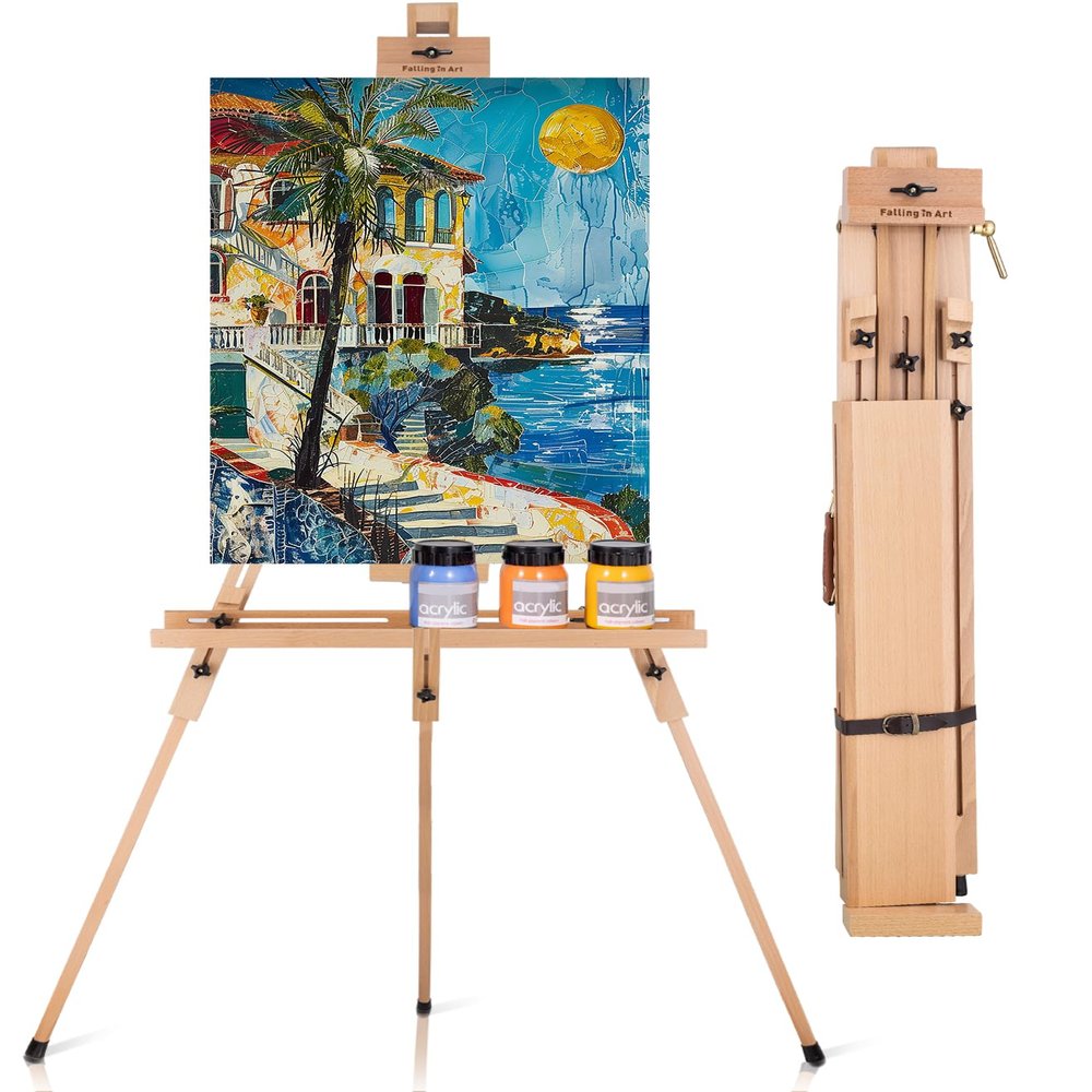 Falling in Art Tripod Field Painting Easel, Portable Artist Easel for Plein Air Painting, Adjustable Solid Beech Wood Art Easel for Adults, Holds Canvas up to 31 inches