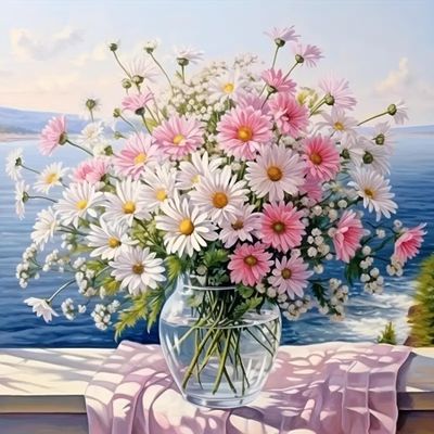 Zythron Flowers Diamond Art Kits for Adults, Flower Diamond Painting Kits for Beginners, Pink Daisy vase DIY 5D Gem Art,Diamond Art for Adults for Gift Home Decor 14x14 inch