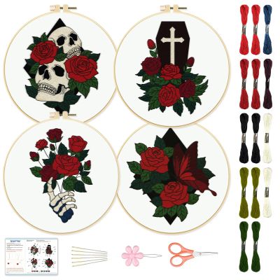 BEUNITONE 4 Set Skull Embroidery kit for Beginners Flower Starter Kits Halloween Skull with Flowers DIY Needlepoint Kit for Adults with Instruction Rose Skull Handmade Embroidery Kits for Gifts