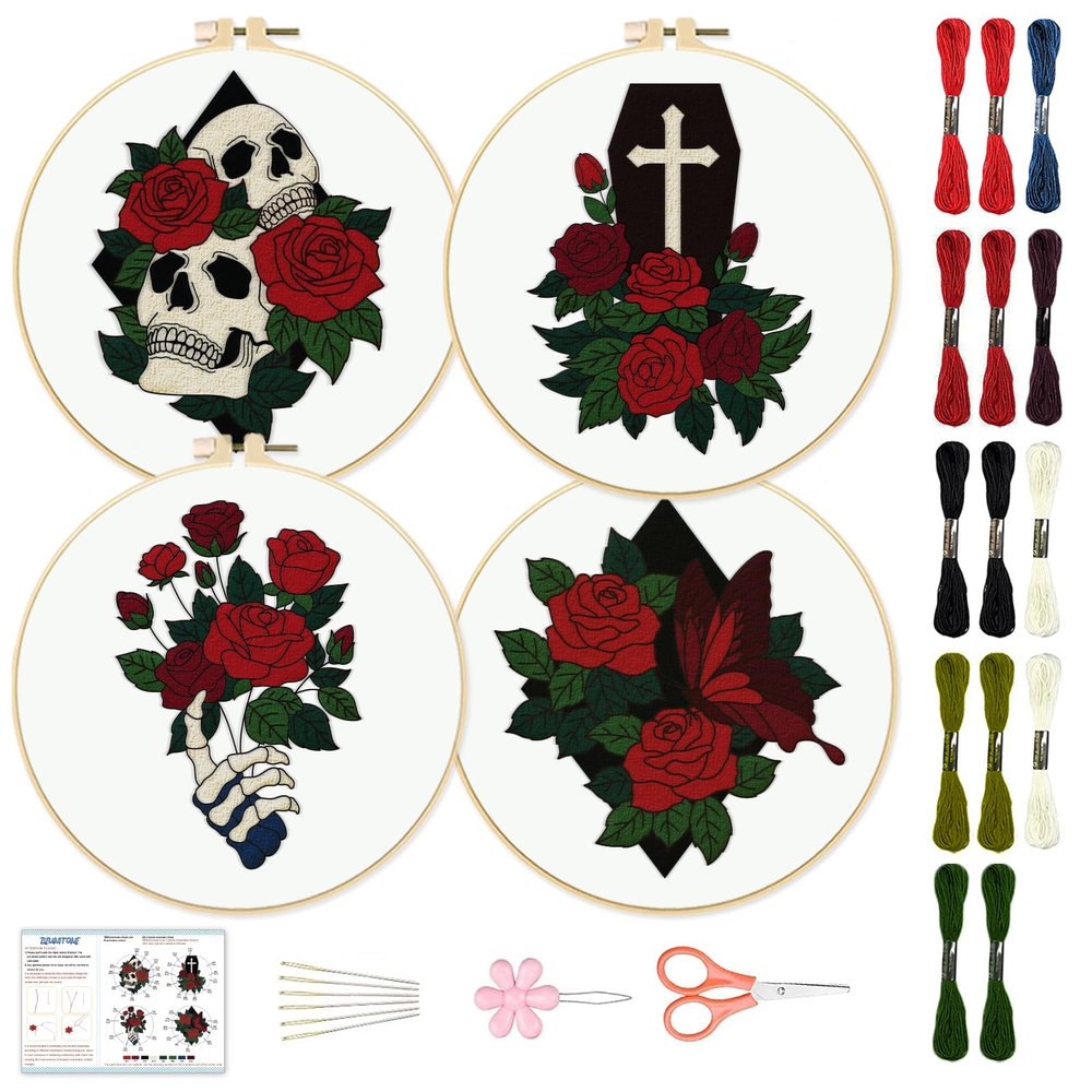 BEUNITONE 4 Set Skull Embroidery kit for Beginners Flower Starter Kits Halloween Skull with Flowers DIY Needlepoint Kit for Adults with Instruction Rose Skull Handmade Embroidery Kits for Gifts